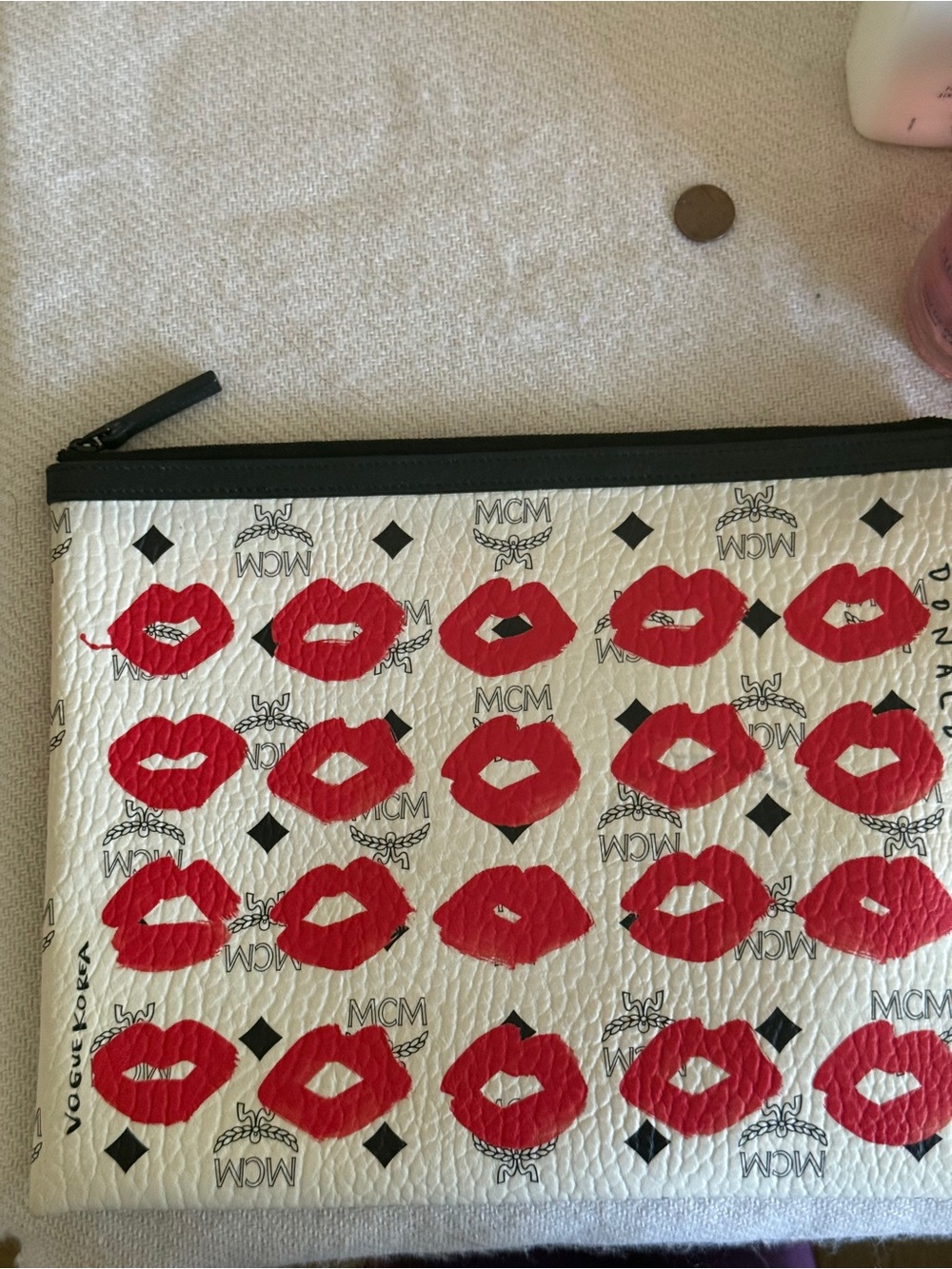 MCM Beige Signature Monogram Visetos X Vogue Korea zip pouch
